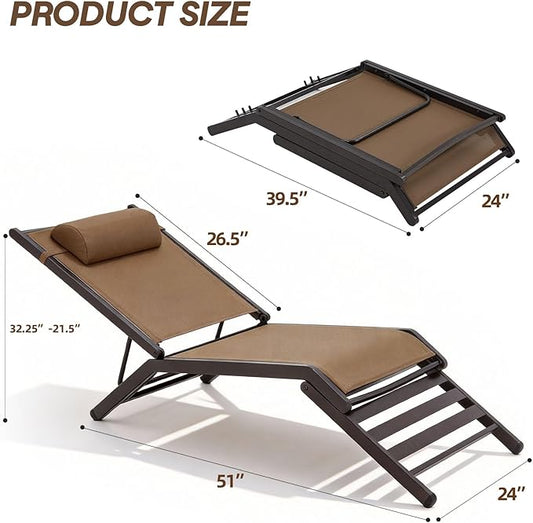 Chaise Lounge Outdoor Set of 2 Foldable Pool Lounge Chairs with Adjustable Back Assembly-Free Textilene Patio Tanning Chair for Deck Lawn Poolside Backyard