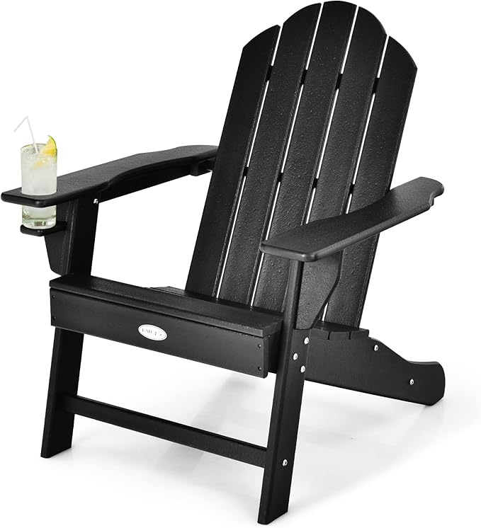 Tangkula Adirondack Chair Outdoor, Fade Resistant HDPE Armchairs with Cup Holder, Weather Resistant Lounger Chairs for Patio Garden Backyard Deck, Lawn Porch Seating, Adirondack Lounger (4, Black)