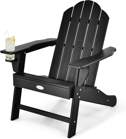 Tangkula Adirondack Chair Outdoor, Fade Resistant HDPE Armchairs with Cup Holder, Weather Resistant Lounger Chairs for Patio Garden Backyard Deck, Lawn Porch Seating, Adirondack Lounger (4, Black)