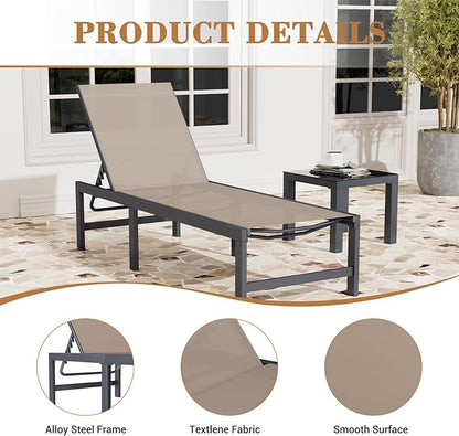UDPATIO Outdoor Chaise Chairs & Table 3 Pieces Pool Lounge Chair, Poolside Sunloungers Lay Flat Sunbathing Chaise with Adjustable Backrest for Patio, Beach, Yard, Pool