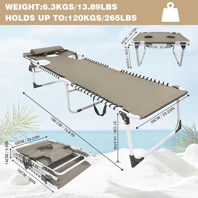 Sun Tanning Chair with Face Hole 5-Position Folding Lounge Chair Outdoor with Portable Beach Table for Poolside Sunbathing Camping Lawn Backyard