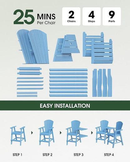 Tall Adirondack Chairs Set of 2, HDPE High Adirondack Chairs with Double Removable Trays, All Weather Outdoor Barstools for Patio, Balcony, Backyard, Deck and Garden, Baby Blue