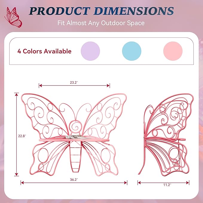 36 Inch Outdoor Bench, Cute Garden Bench with Metal Frame, Weatherproof Butterfly Front Porch Benches for Lawn, Garden, Yard, Balcony, Pink
