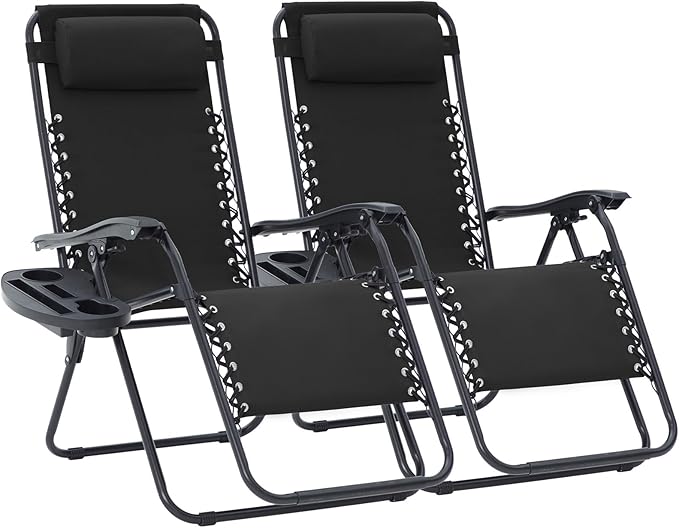 JEAREY Oversized Zero Gravity Lounge Chairs Set of 2, Adjustable Steel Mesh Recliners w/Pillows and Cup Holder Trays for Patio, Garden, Beach, Black