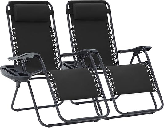 JEAREY Oversized Zero Gravity Lounge Chairs Set of 2, Adjustable Steel Mesh Recliners w/Pillows and Cup Holder Trays for Patio, Garden, Beach, Black