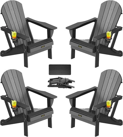 Plastic HDPE Adirondack Chair,Set of 4,Folding Adirondack Chair Weather Resistant with Cup Holder, Wooden Textured Fire Pit Outdoor Chair for Garden, Porch, Lawn, Backyard, Supports 380LBS, Black