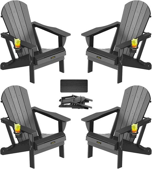 Plastic HDPE Adirondack Chair,Set of 4,Folding Adirondack Chair Weather Resistant with Cup Holder, Wooden Textured Fire Pit Outdoor Chair for Garden, Porch, Lawn, Backyard, Supports 380LBS, Black