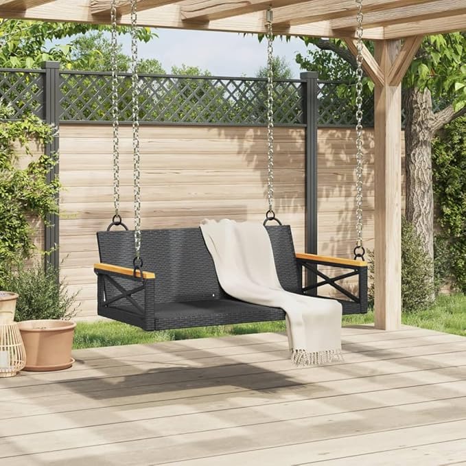 Black Poly Rattan Swing Bench with Powder-Coated Steel Frame and Solid Acacia Wood Seat, 2-Person Outdoor Patio Furniture for Balcony Garden Relaxation, UV-Resistant Poly