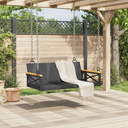 Black Poly Rattan Swing Bench for Outdoor Patio and Garden, Durable Steel Frame with Synthetic Woven Seat, UV Resistant All-Weather Furniture, Comfortable Two-Person Seating,
