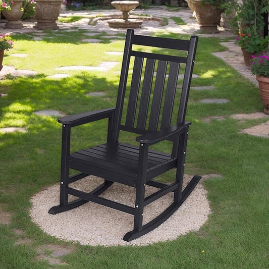 Outdoor Rocking Chair for Adults, High Back Patio Rocking Chair, HDPE All Weather Resistant Porch Rocker for Lawn, Porch, Backyard, Indoor and Garden (Black)