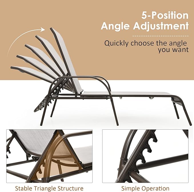 Tangkula Lounge Chair Outdoor, Patio Chaise Lounge with Adjustable Backrest, Reclining Pool Lounge Chair for Outside with Heavy Duty Steel Frame, Suitable for Beach, Yard, Balcony, Poolside
