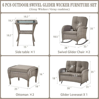 Belord 6 Pieces Wicker Patio Furniture Set with Patio Rocking Chairs, High Back Patio Conversation Set Outdoor Loveseat Glider with Ottoman and Rattan Side Table for Sunroom Deck Backyard