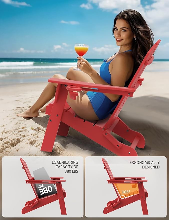 Folding Adirondack Chair, Wooden Textured Plastic Adirondack Chairs with 2 Cup Holder - Photo 5
