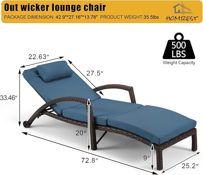 HOMREST Chaise Lounge Chairs Set of 6, PE Rattan Wicker Patio Lounge Chair with Adjustable 5 Position, Arm and Wheels for Poolside Backyard Deck Porch,Dark Blue