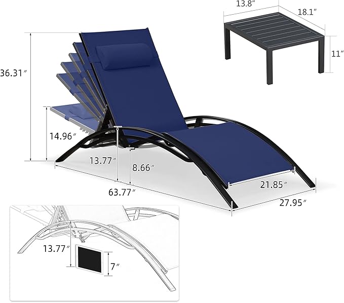 PURPLE LEAF Patio Oversized Chaise Lounge with 15FT Umbrella Outdoor Lounge Chair Beach Pool Sunbathing Lawn Lounger, Base and Side Table Included, Navy Blue