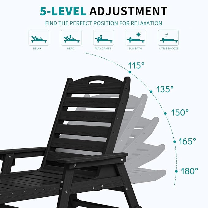 Plawdlik Oversized Patio Chaise Lounge, 5 Positions Adjustable HDPE Outdoor Lounge Chair with Rolling Wheels & Cup Holder,All-Weather for Poolside, Beach, Garden - Black