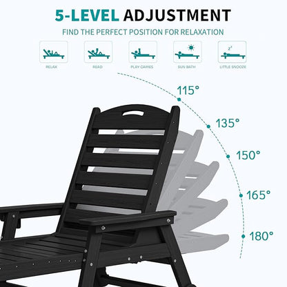 Plawdlik Oversized Patio Chaise Lounge, 5 Positions Adjustable HDPE Outdoor Lounge Chair with Rolling Wheels & Cup Holder,All-Weather for Poolside, Beach, Garden - Black
