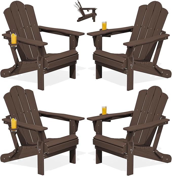 KINGYES Adjustable Folding Adirondack Chair Set of 4, 3-Position Reclining Adirondack Chairs with Cup Holder, HDPE All-Weather Oversized Adirondack for Outdoor, Patio, Backyard Deck, Fire Pit, Brown