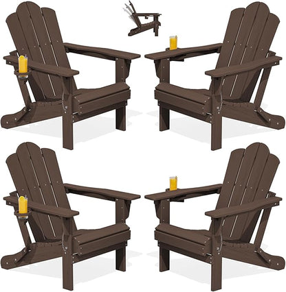 KINGYES Adjustable Folding Adirondack Chair Set of 4, 3-Position Reclining Adirondack Chairs with Cup Holder, HDPE All-Weather Oversized Adirondack for Outdoor, Patio, Backyard Deck, Fire Pit, Brown