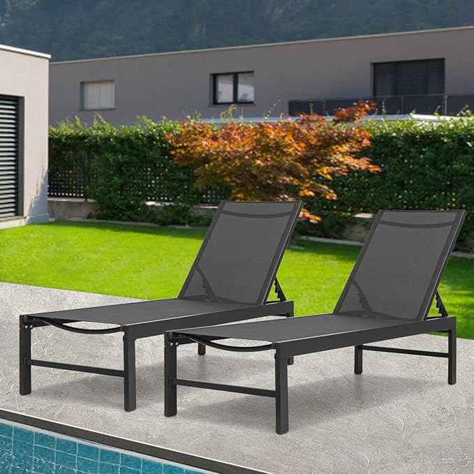 Athena Collection Outdoor Chaise Lounge Set of 2, Pool Lounge Chairs with Aluminum Frame and 6-Position Adjustable Backrest, Sun Lounger for Garden Outdoor Patio Poolside, Black
