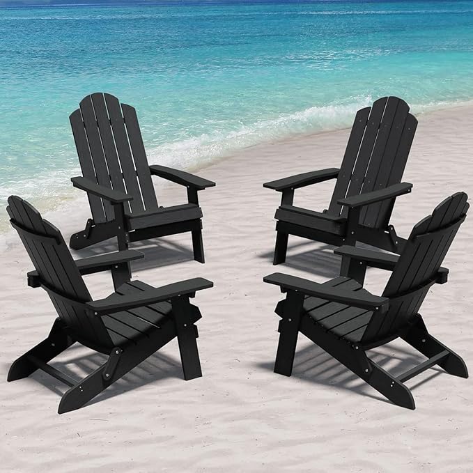 MXIMU Folding Adirondack Chair for Outdoor: Easy Assembly Adirondack Chairs Set of 4 - Composite Plastic Fire Pit Chairs - All Weather Plastic Chair for Outside Patio Lawn Garden Backyard Use
