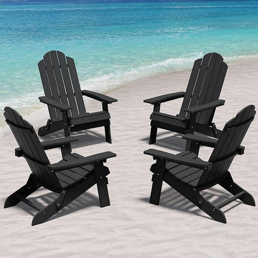 MXIMU Folding Adirondack Chair Set of 4 Weather Resistant Fire Pit Chairs Easy Assemble HIPS Plastic Outdoor Modern Adirondack Chairs for Patio, Lawn, Garden, Backyard, Deck(Black)