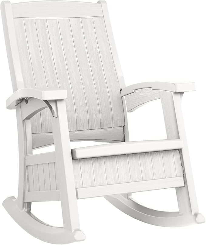 Suncast Outdoor Patio Rocking Chair with 7 Gal. of Under-Seat Storage, Stylish Faux Wood Outdoor Rocker for Patios, Ice Cube