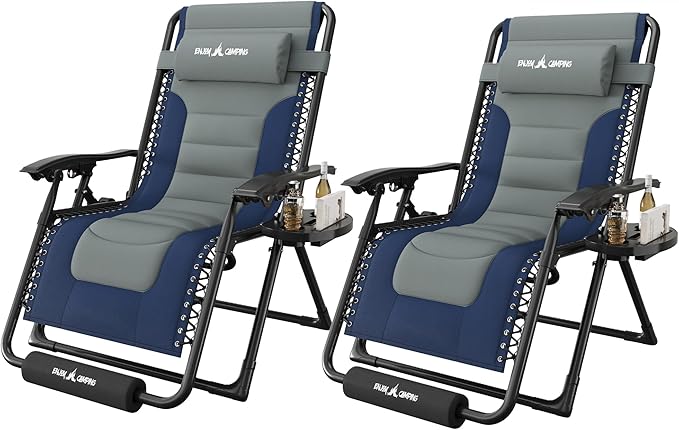 Amopatio Zero Gravity Reclining Patio Chairs Set of 2 XL Foldable Lounge Chair with Removable Cup Holder/Headrest/Footrest 500LBS Capacity Portable for Outdoor Patio Pool Backyardm,Blue-Gray