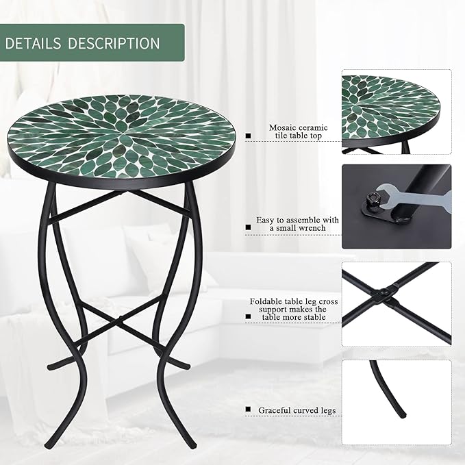 VCUTEKA Mosaic Outdoor Side Table - Small Patio Table Coffee Outside Accent Tables Round End Plant Tables for Bistro Balcony Porch Outdoor Benches 14'' Green