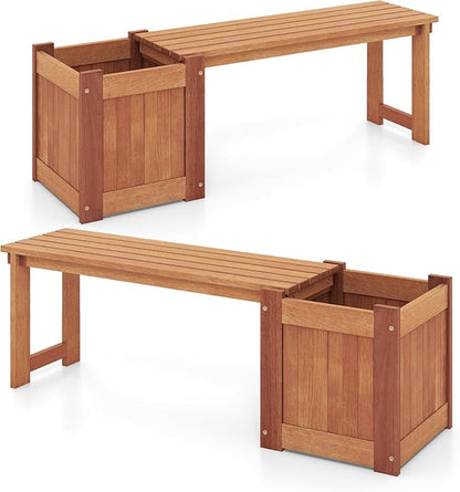 HAPPYGRILL Outdoor Bench with Planter Box, 2 Raised Garden Bed w/Spacious Seat, Open-Ended Base for Herbs Fruits Vegetables, 2-in-1 Wood Garden Bench for Outdoors Patio Yard Balcony