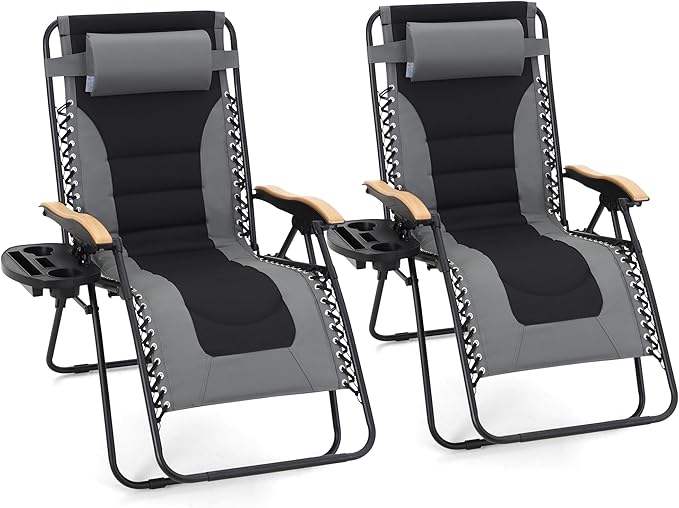 MAISON ARTS Oversized XXL Padded Zero Gravity Chair Set of 2, 30" Wide Seat Foldable Patio Recliner, Anti Gravity Outdoor Lawn Chair with Cup Holder & Pillow, Supports 400lbs, Grey