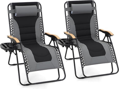 MAISON ARTS Oversized XXL Padded Zero Gravity Chair Set of 2, 30" Wide Seat Foldable Patio Recliner, Anti Gravity Outdoor Lawn Chair with Cup Holder & Pillow, Supports 400lbs, Grey