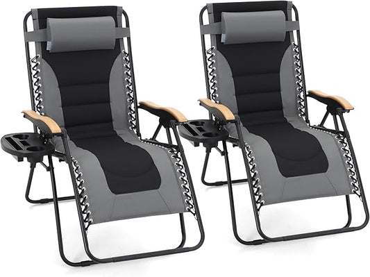 MAISON ARTS Oversized XXL Padded Zero Gravity Chair Set of 2, 30" Wide Seat Foldable Patio Recliner, Anti Gravity Outdoor Lawn Chair with Cup Holder & Pillow, Supports 400lbs, Grey