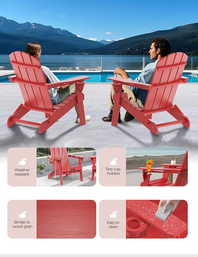 Folding Adirondack Chair, Wooden Textured Plastic Adirondack Chairs with 2 Cup Holder - Photo 4