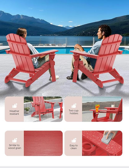 Folding Adirondack Chair, Wooden Textured Plastic Adirondack Chairs with 2 Cup Holder, Weather Resistant HDPE Fire Pit Chair, Outdoor Patio Chairs for Garden, Backyard, Lawn, Deck, 380LBS, Red