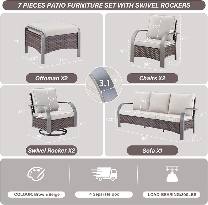 Belord Patio Conversation Sets - 7 Piece Outdoor Patio Furniture Sets with Swivel Rocker Outdoor Chairs, Wicker Couch - Photo 2