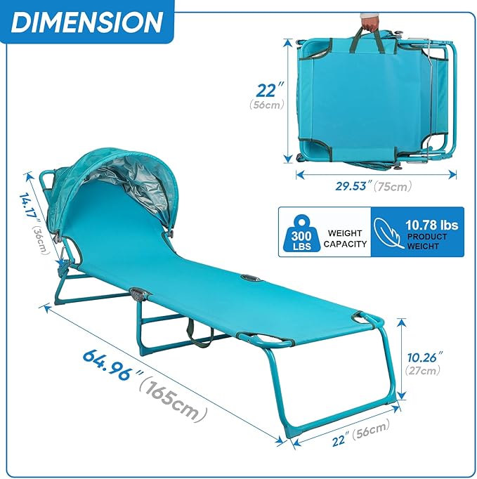 Northroad Beach Lounge Chair with Canopy Shade, Adjustable 4 Position Foldable Tanning Chair, Outdoor Heavy Duty Chaise Lounge Chair, for Poolside Patio Sunbathing Lawn, UPF 50+, Blue