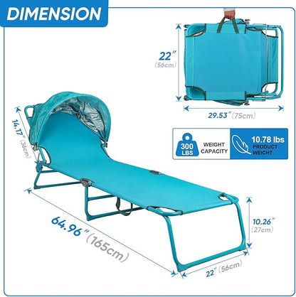 Northroad Beach Lounge Chair with Canopy Shade, Adjustable 4 Position Foldable Tanning Chair, Outdoor Heavy Duty Chaise Lounge Chair, for Poolside Patio Sunbathing Lawn, UPF 50+, Blue
