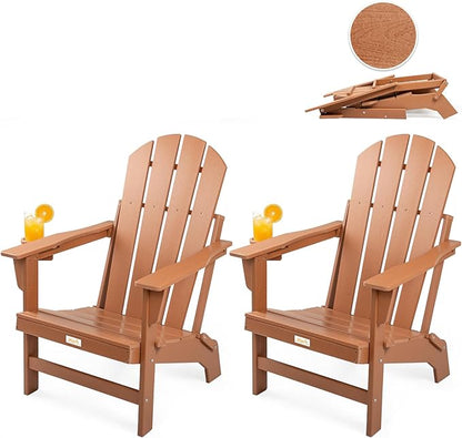 Folding Adirondack Chairs Set of 2, All Weather Stable Gun-Leg Design Fire Pit Chairs with Cupholder for Outside
