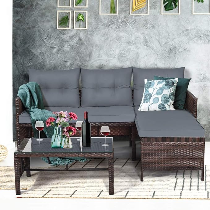 Tangkula Patio Corner Sofa Set 3 Piece, Outdoor Rattan Sofa Set, Includes Lounge Chaise, Loveseat & Coffee Table - Photo 3