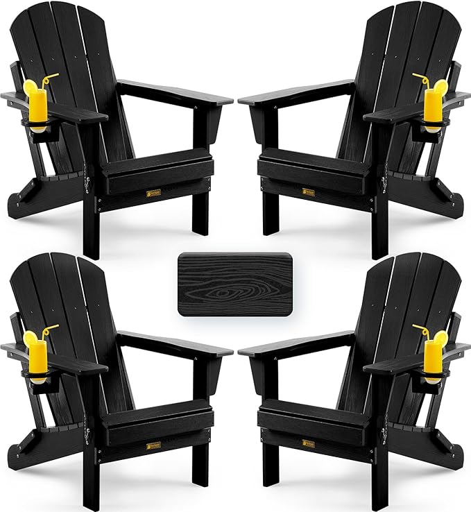 Folding Adirondack Chair, Patio Chair Wood Texture, Outdoor Chair Weather Resistant, Fire Pit Chair with Cup Holder, Composite Adirondack Chair Set of 4(Black)