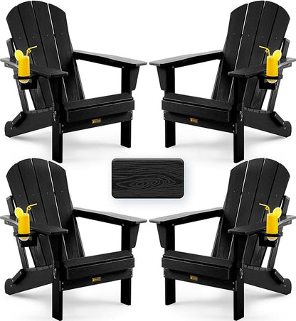 Folding Adirondack Chair, Patio Chair Wood Texture, Outdoor Chair Weather Resistant, Fire Pit Chair with Cup Holder, Composite Adirondack Chair Set of 4(Black)
