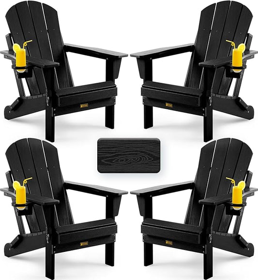 Folding Adirondack Chair, Patio Chair Wood Texture, Outdoor Chair Weather Resistant, Fire Pit Chair with Cup Holder, Composite Adirondack Chair Set of 4(Black)