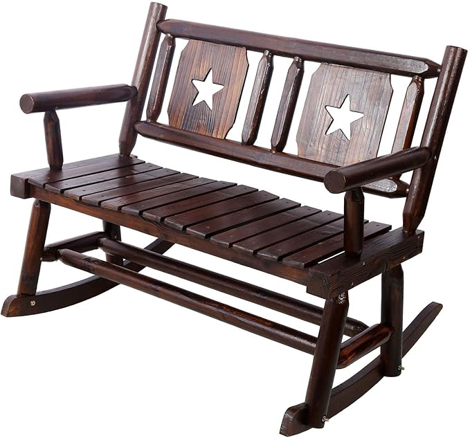 Rustic Double Rocking Chair with Star Design - Solid Wood Outdoor Bench for Porch, Patio, and Garden - Comfortable 2-Person Rocker