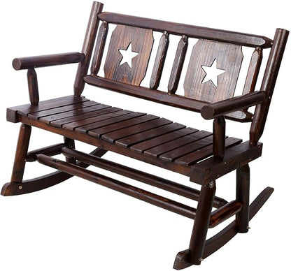 Rustic Double Rocking Chair with Star Design - Solid Wood Outdoor Bench for Porch, Patio, and Garden - Comfortable 2-Person Rocker