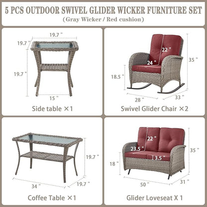 Belord 5 Piece Outdoor Conversation Patio Furniture Set - All-Weather Wicker Patio Rocking Chairs with Loveseat Glider Chair and Coffee Table for Patio Deck Porch Backyard Gray Wicker Red Cushion