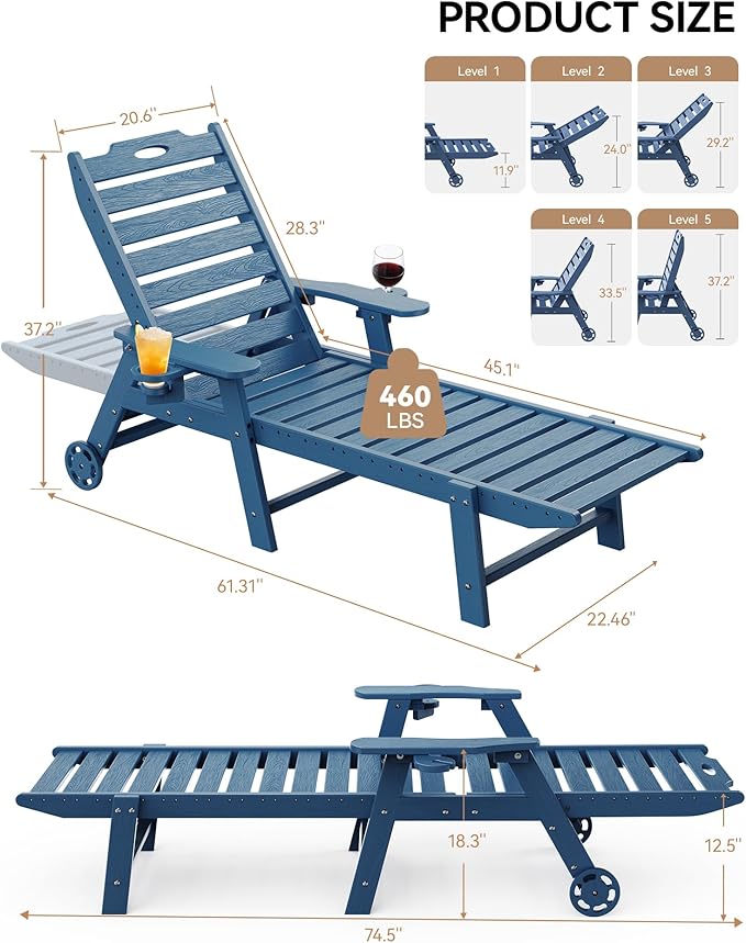 Carauci Lounge Chair Outdoor, HDPE Chaise Lounge with Wheels - Photo 3