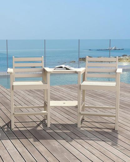 Tall HDPE Adirondack Bar Chairs Set of 2, Outdoor Balcony Bar-Height Chairs with Extra-Large Side Trays & 2" Umbrella Hole, All-Weather Patio Stools for Porch, Deck, Garden (White, 2chair)