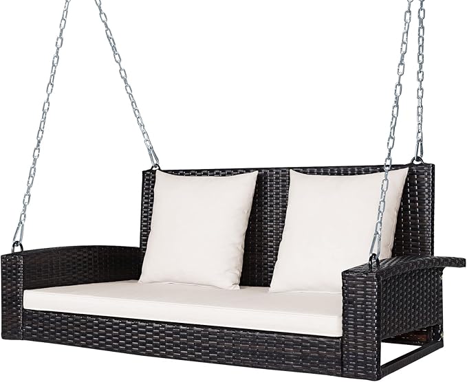 Tangkula 2-Person Wicker Porch Swing, Patiojoy Outdoor Rattan Hanging Swing Bench W/ 2 Back Cushions & 1 Seat Cushion - Photo 1
