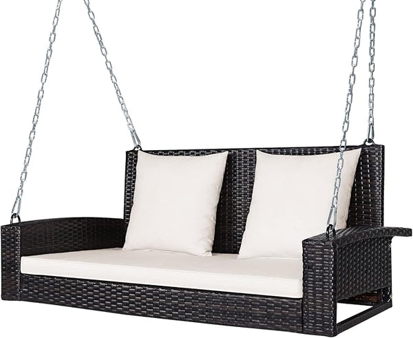 Tangkula 2-Person Wicker Porch Swing, Patiojoy Outdoor Rattan Hanging Swing Bench W/ 2 Back Cushions & 1 Seat Cushion - Photo 1